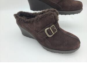 Eurostep Women 8M Dk Brown Suede Wedge Heel Mules Faux Fur Trim